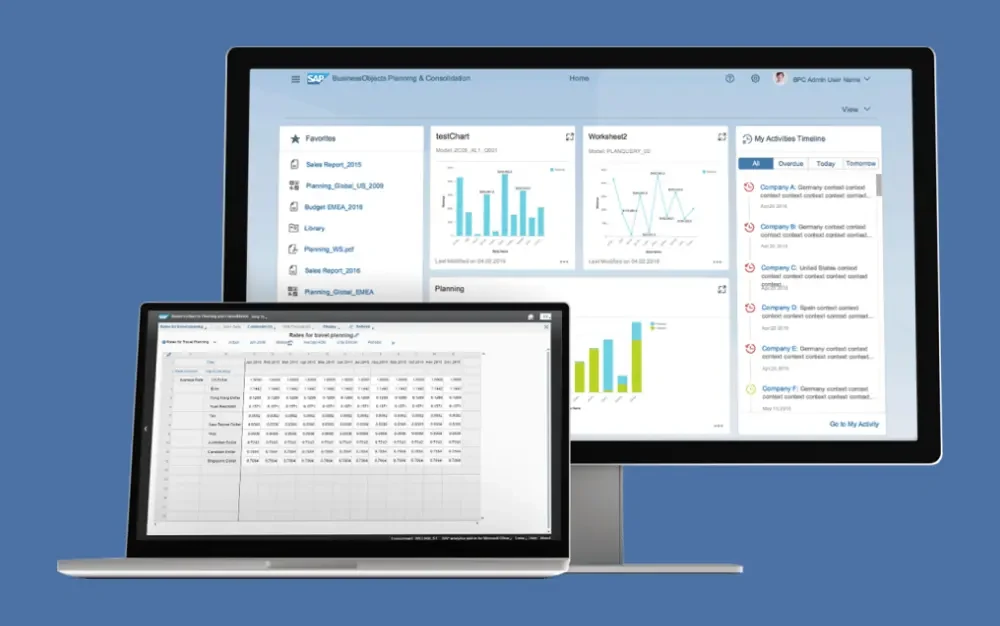 A screen shot of an SAP Business Planning and Consolidation software page showing some infographics and data points 