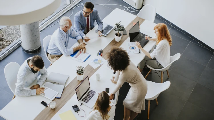 Group working in an office, but it looks at it from a top-down perspective and they are automating their own applications, reducing reliance on manual processes.  