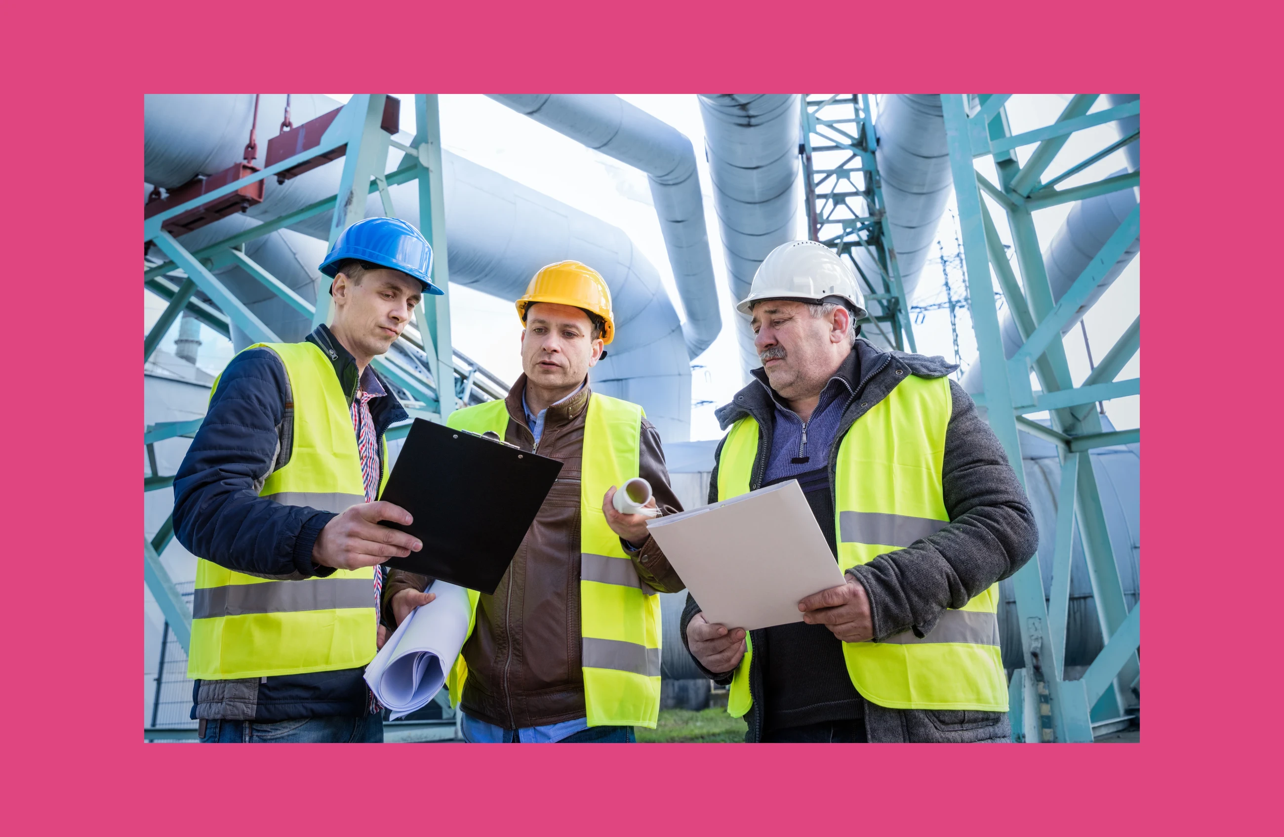 Three workers in a mill operational center look at some data on a paper