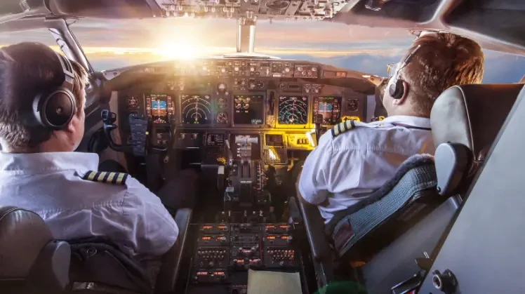 A pilot and a copilot in a cockpit flying a plane, with the sun on the horizon 