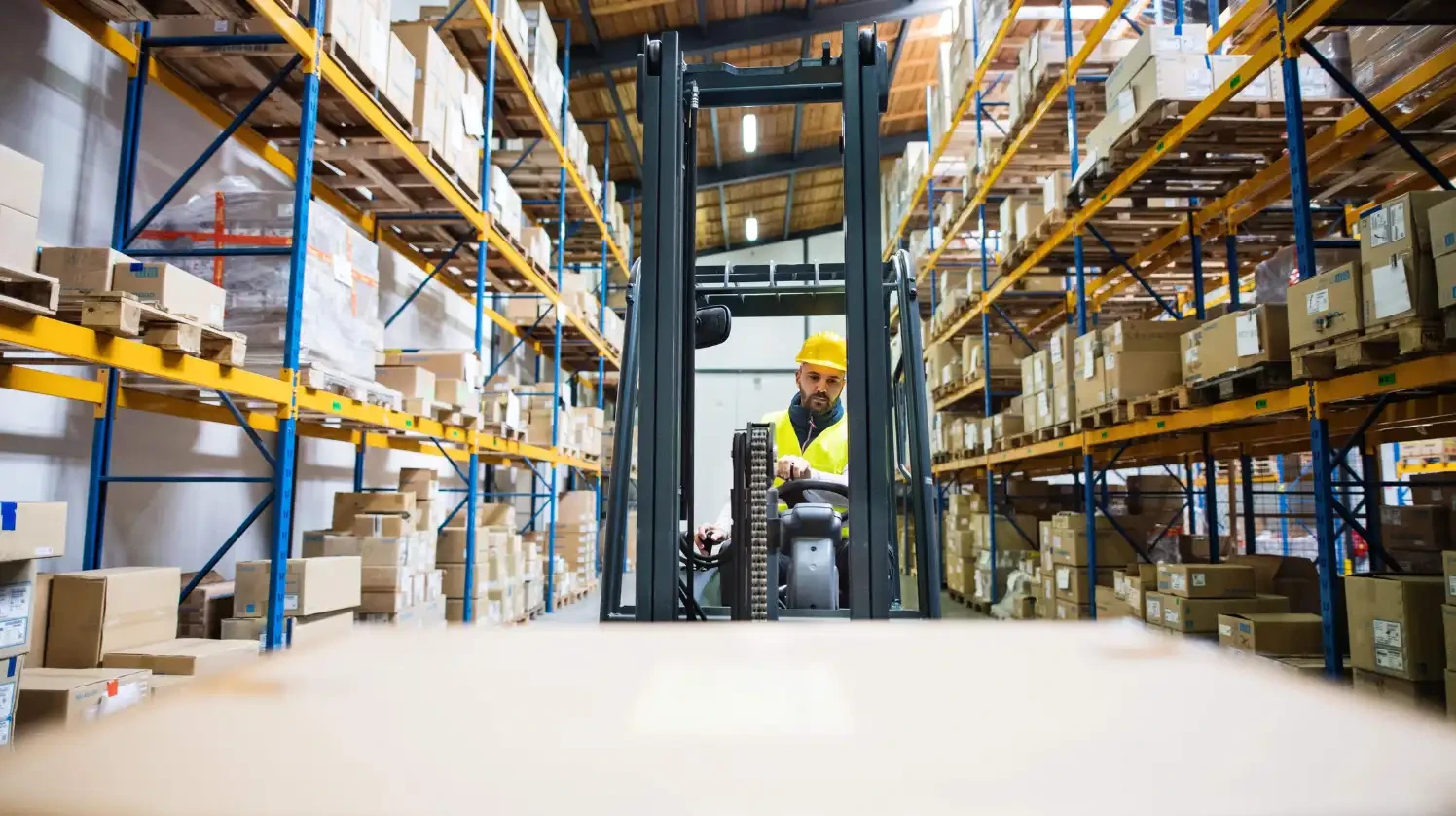 A worker in a sotrage center organizing the inventory