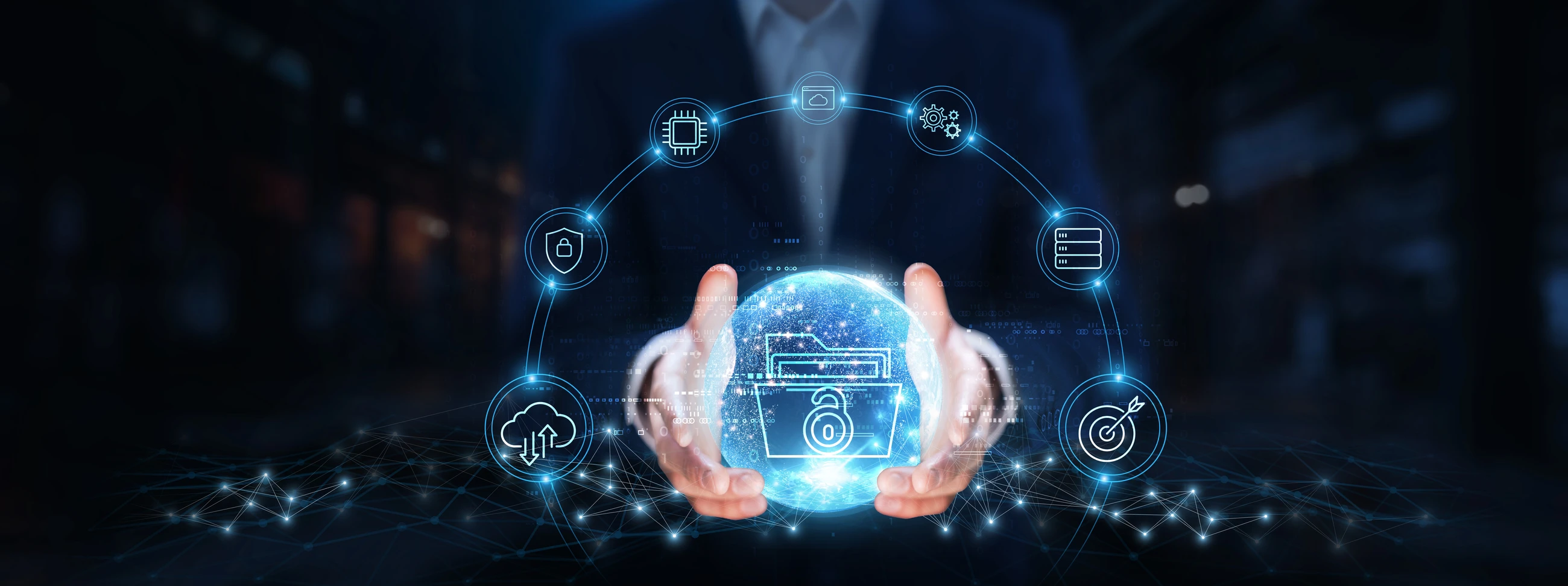 Businessman hands hold global open data technology, data sharing concept