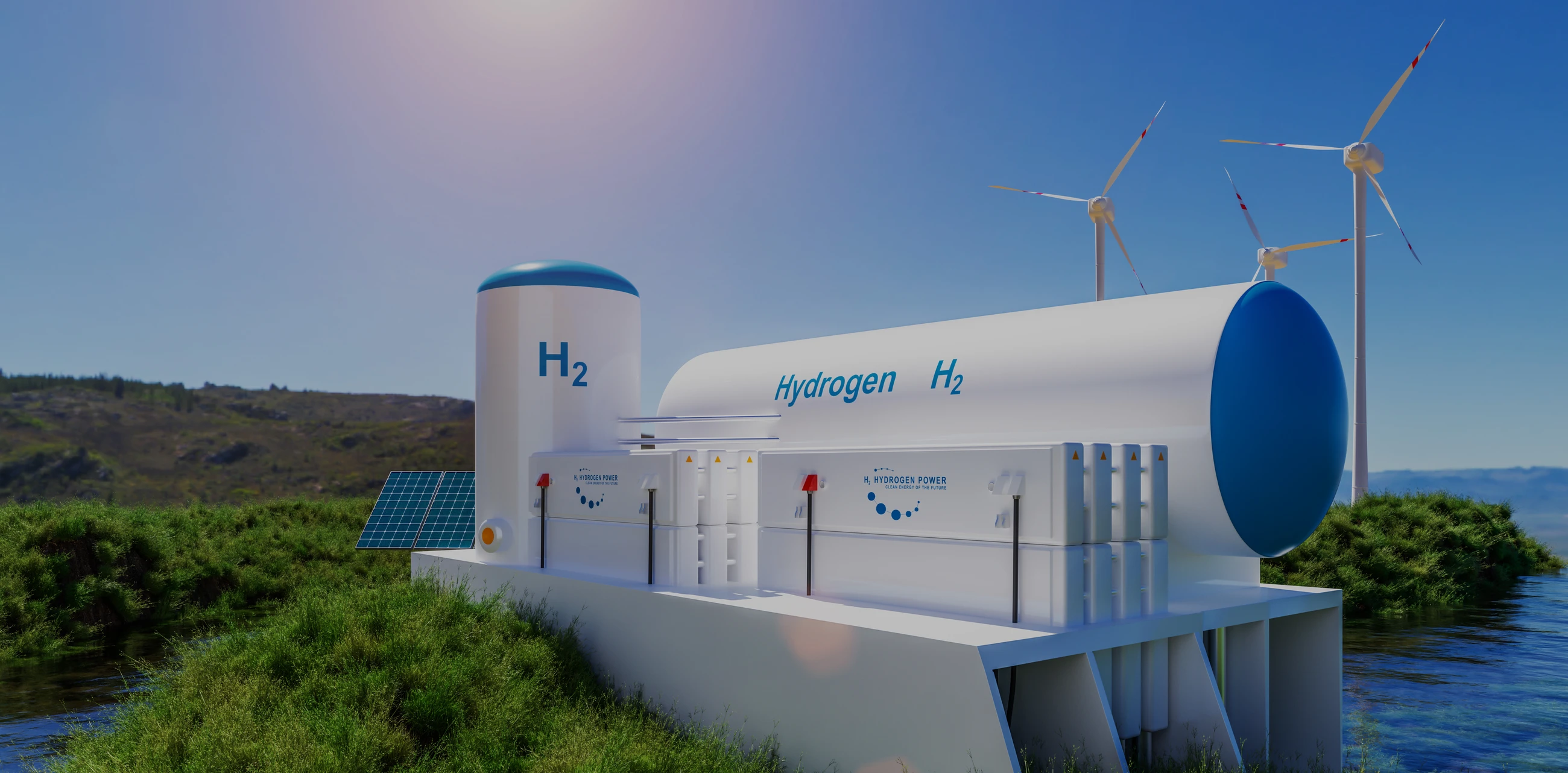A hydrogen storage tank surrounded by greenery with wind turbines in the background.