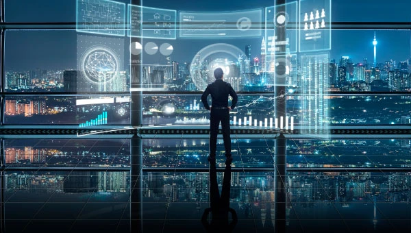Smart financial analytics working at modern office with big data ,connections icon, internet of things, financial charts and graph virtual screen.