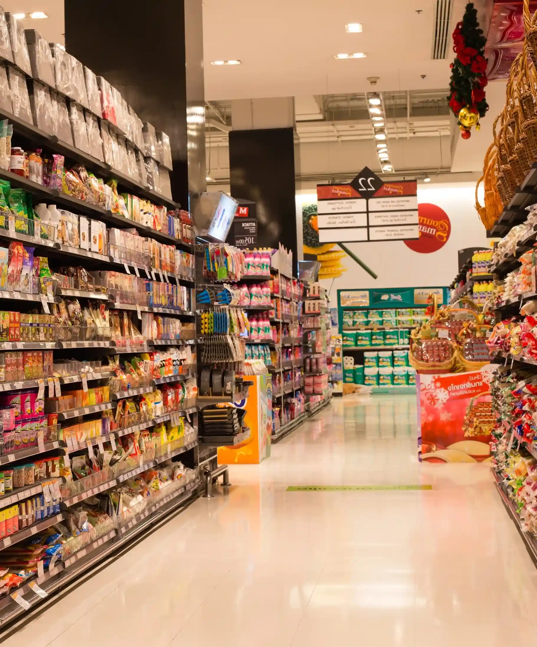 Rows of products in a supermarket