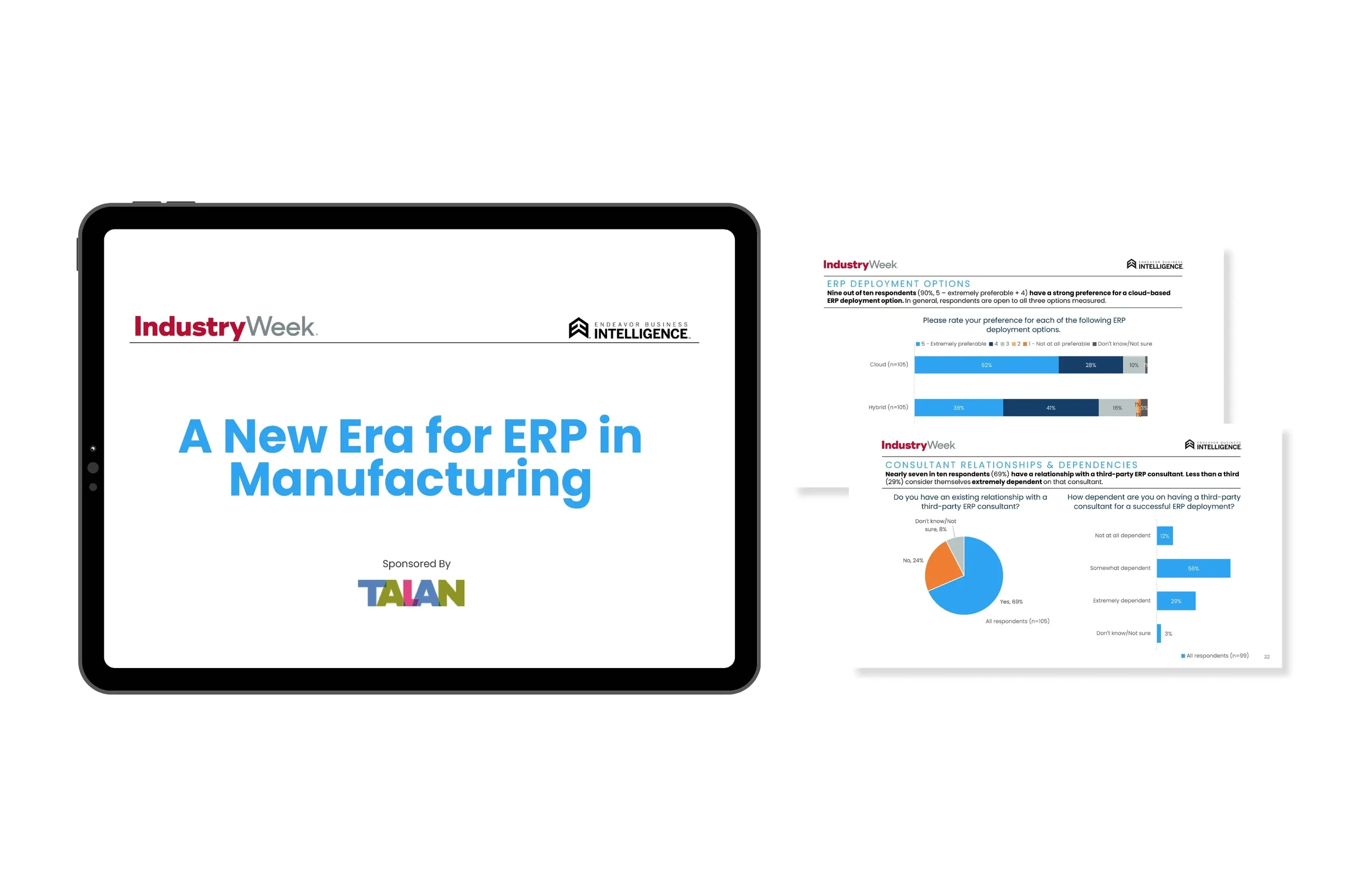 A preview of three pages Trend Report A New Era for ERP in Manufacturing displayed on tablet