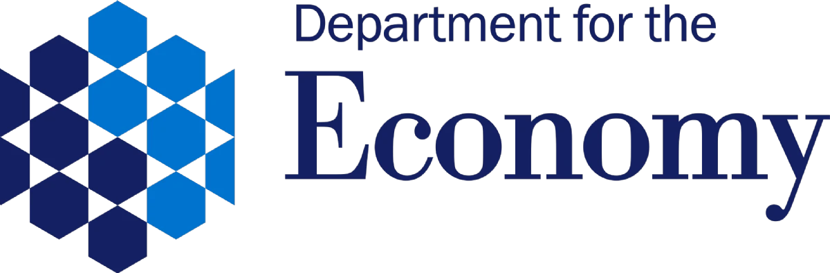 A two-tone blue logo comprised of hexagons and the words &quot;Department for the Economy&quot;