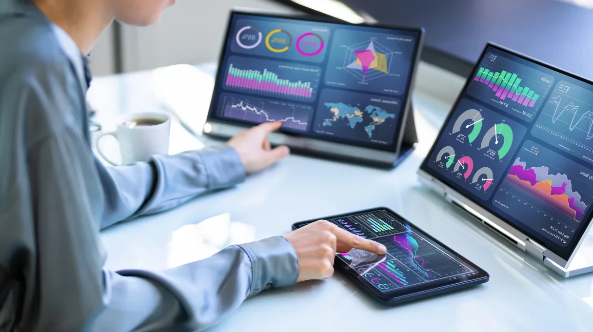 Businesswoman Using Analytics Data KPI Dashboard Tech