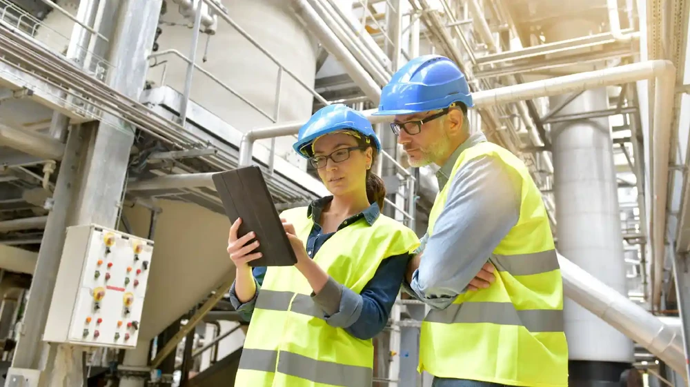 Chemical experts looking at SAP Cloud ERP in manufacturing plant