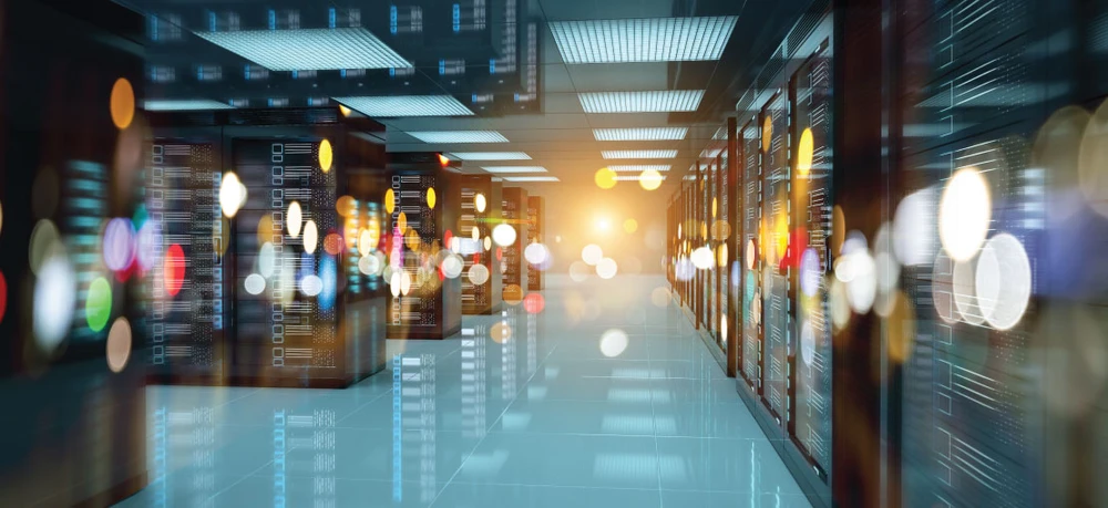 Servers data centre room with bright lights going through the corridor 