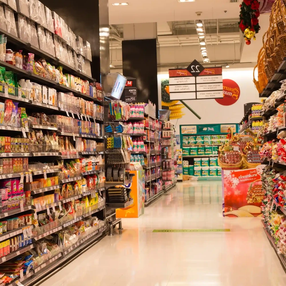 Rows of products in a supermarket