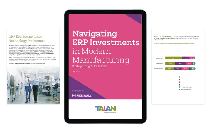 A preview of three pages of the Talan’s Guide to Navigate ERP Investments in Modern Manufacturing eBook