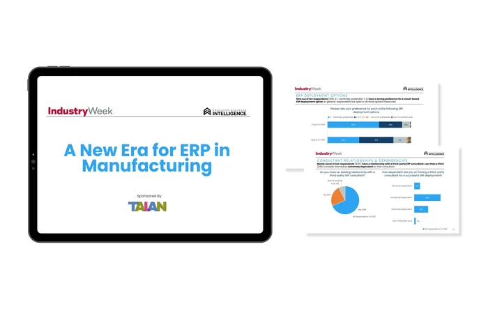 A preview of three pages Trend Report A New Era for ERP in Manufacturing displayed on tablet