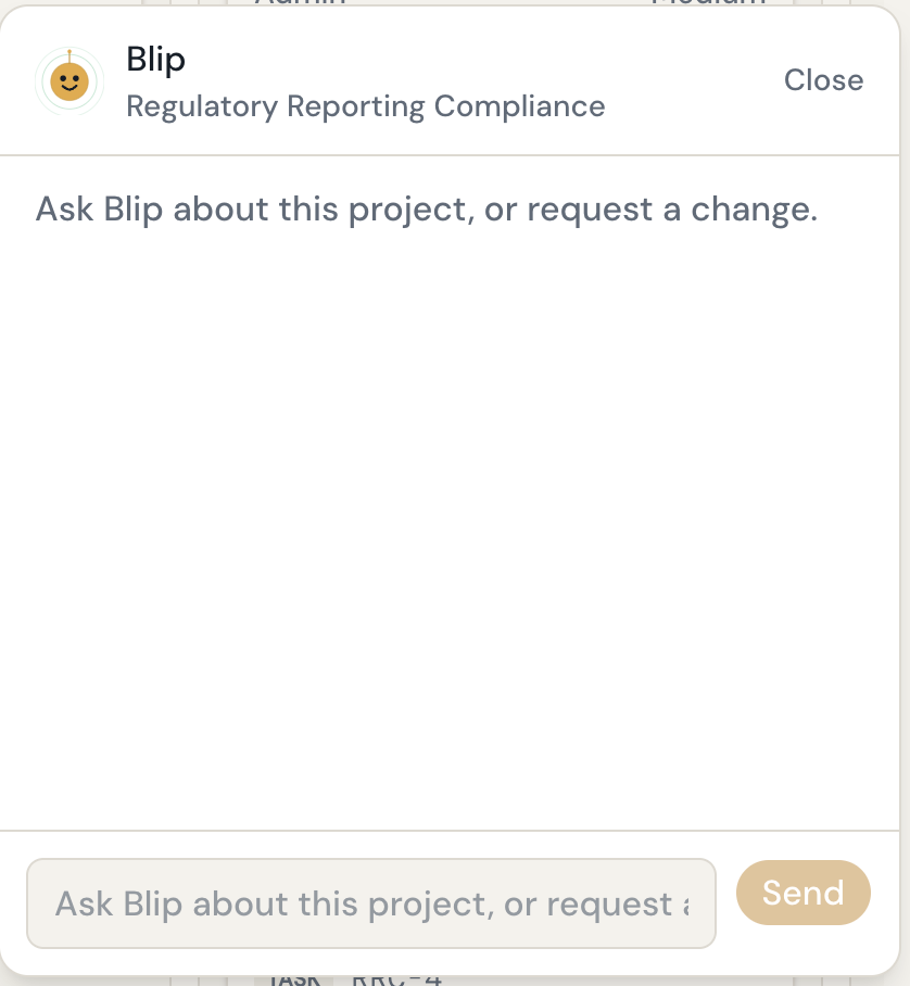The Blip assistant panel open on a project — ask Blip about this project, or request a change