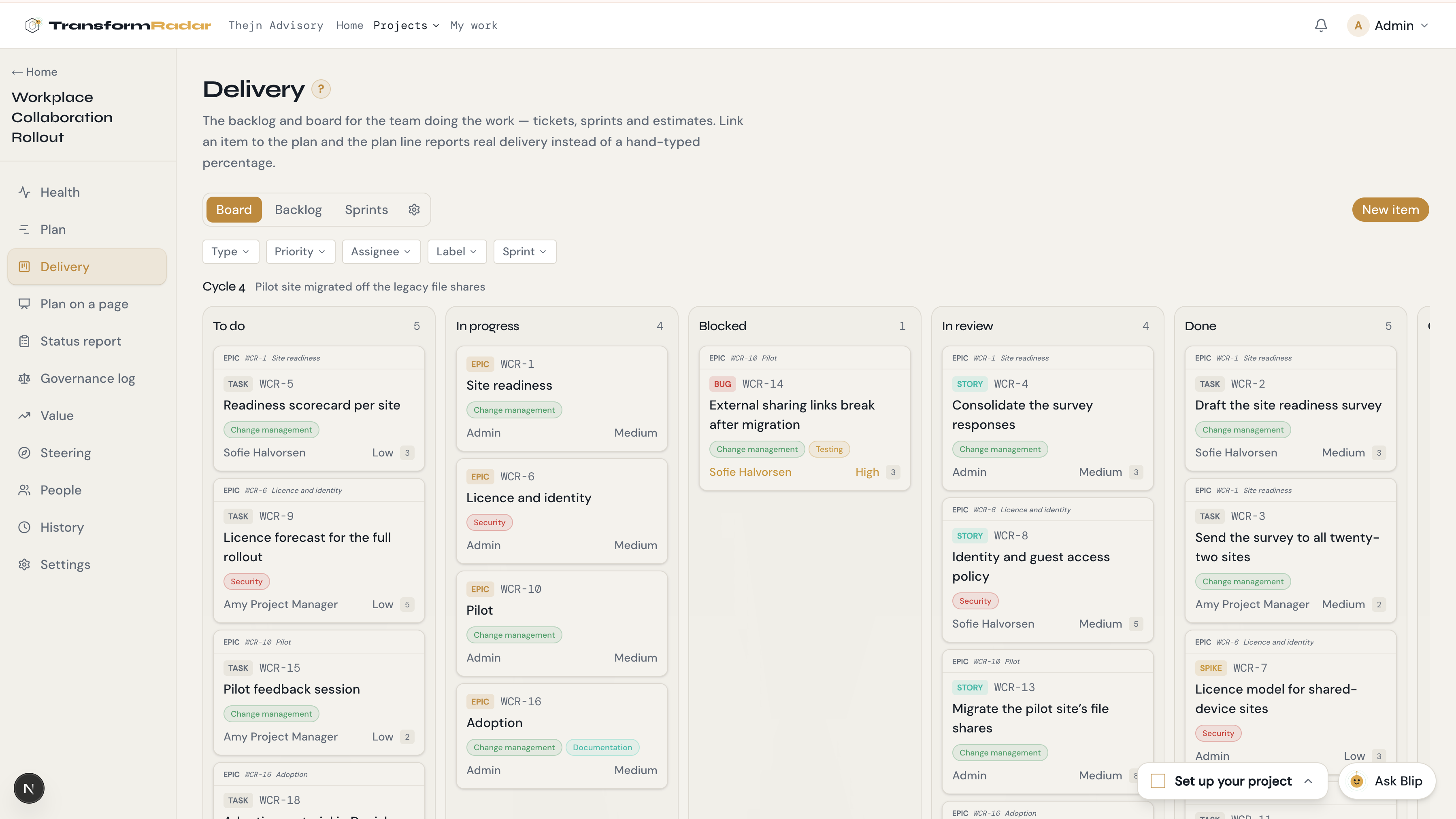 TransformRadar Delivery board — sprint columns To do, In progress, Blocked, In review, and Done, with typed items, labels, assignees, and estimates
