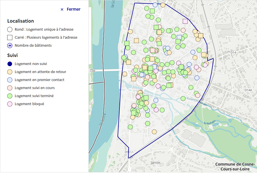 Carte des logements vacants ciblés par la campagne de courriers