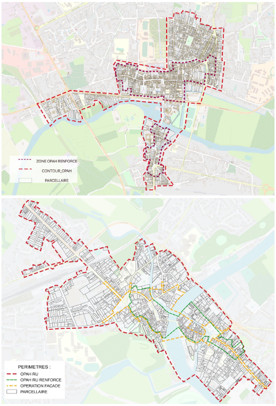 Carte des périmètres OPAH-RU de La Flèche et de Sablé-sur-Sarthe
