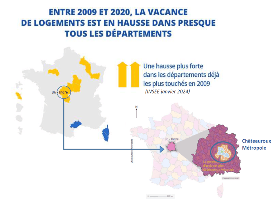 Carte illustrant la hausse de la vacance dans le département de l'Indre (étude INSEE). Entre 2009 et 2020, la vacance des logements a augmenté dans presque tous les départements, avec une hausse plus marquée dans les départements déjà les plus touchés en 2009, notamment dans l'Indre (36) et la région de Châteauroux Métropole.
