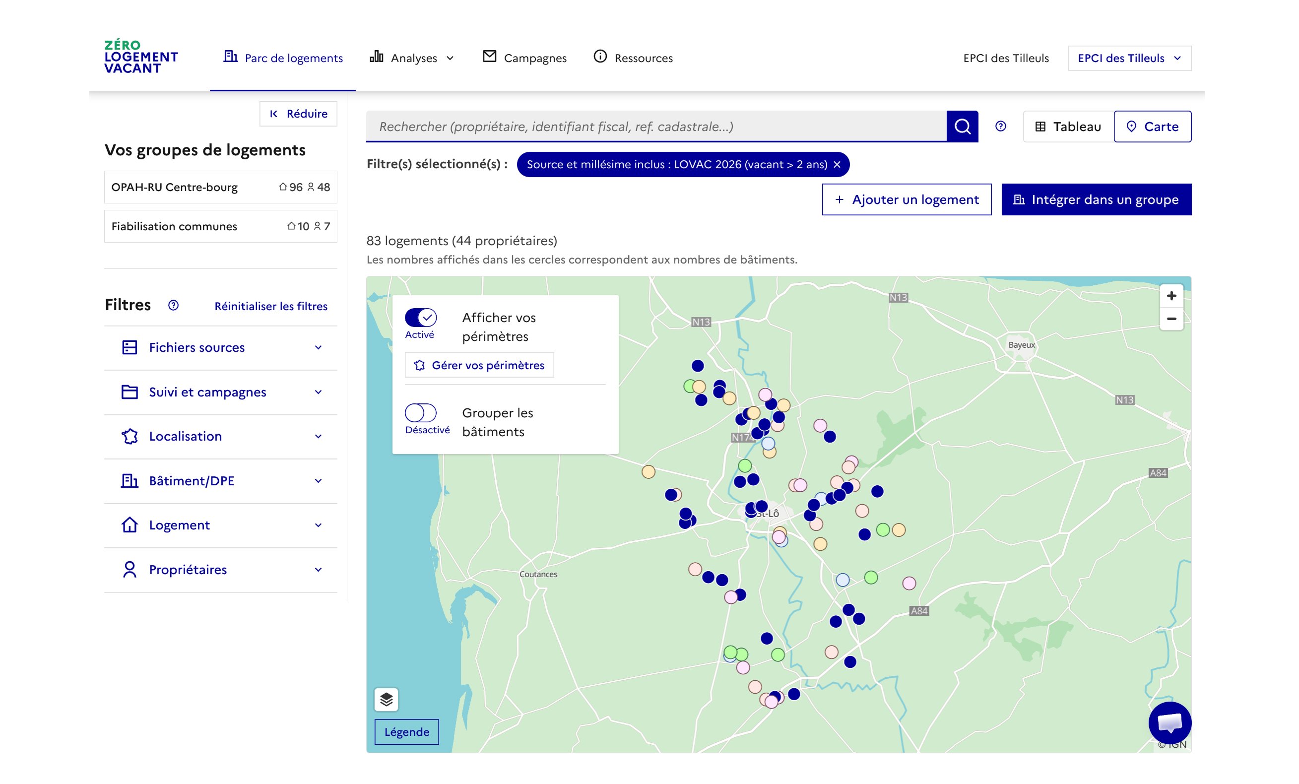 Image montrant l'interface de Zéro Logement Vacant, avec un focus sur la carte pour voir les logements vacants sur un territoire donné