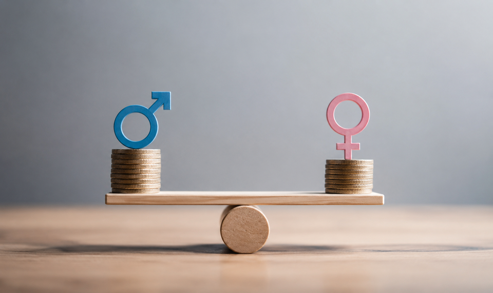 Die Abbildung zeigt eine Wippe mit zwei Stapeln Münzen, auf denen Symbole für Geschlechter platziert sind: ein blaues Männer-Symbol a.d. linken Seite und ein rosa Frauen-Symbol auf der rechten Seite. Das Bild thematisiert die Gleichheit der Geschlechter.