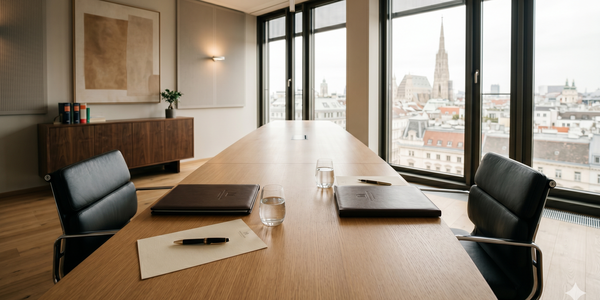 Ein eleganter Konferenzraum mit Blick über die Stadt. Ein langes Holztisch lenkt den Blick, auf dem Stifte und Notizblätter liegen. Durch die großen Fenster ist eine beeindruckende Skyline sichtbar, mit historischen Gebäuden und einem klaren Himmel.