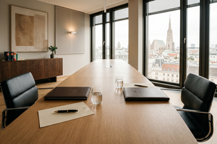 Ein eleganter Konferenzraum mit Blick über die Stadt. Ein langes Holztisch lenkt den Blick, auf dem Stifte und Notizblätter liegen. Durch die großen Fenster ist eine beeindruckende Skyline sichtbar, mit historischen Gebäuden und einem klaren Himmel.