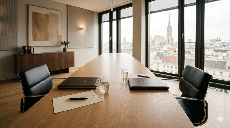 Ein eleganter Konferenzraum mit Blick über die Stadt. Ein langes Holztisch lenkt den Blick, auf dem Stifte und Notizblätter liegen. Durch die großen Fenster ist eine beeindruckende Skyline sichtbar, mit historischen Gebäuden und einem klaren Himmel.