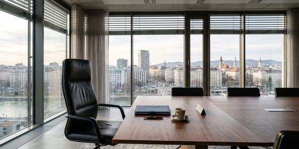 Ein stilvoller Besprechungsraum mit einem großen Tisch, einem Bürostuhl und Blick auf die Stadt. Große Fenster lassen viel Licht herein und bieten einen beeindruckenden Ausblick auf die Skyline und den Fluss. Eine Tasse Kaffee rundet die Ausstattung ab.
