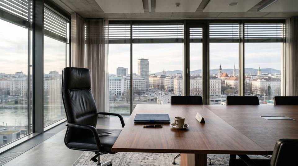 Ein stilvoller Besprechungsraum mit einem großen Tisch, einem Bürostuhl und Blick auf die Stadt. Große Fenster lassen viel Licht herein und bieten einen beeindruckenden Ausblick auf die Skyline und den Fluss. Eine Tasse Kaffee rundet die Ausstattung ab.