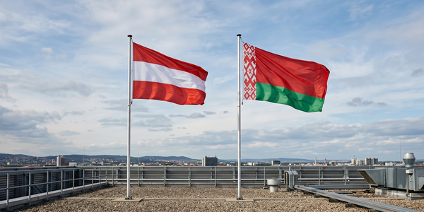 Zwei Fahnen wehen majestätisch auf einem Dach: die rot-weiß-rote Flagge von Österreich und die rot-grün-weiße Flagge von Belarus. Im Hintergrund erstreckt sich eine weitläufige Stadtlandschaft unter einem bewölkten Himmel.