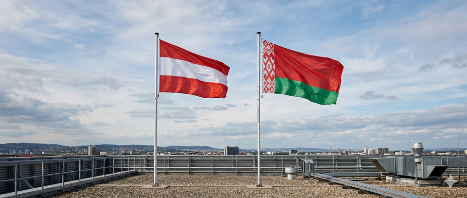 Zwei Fahnen wehen majestätisch auf einem Dach: die rot-weiß-rote Flagge von Österreich und die rot-grün-weiße Flagge von Belarus. Im Hintergrund erstreckt sich eine weitläufige Stadtlandschaft unter einem bewölkten Himmel.