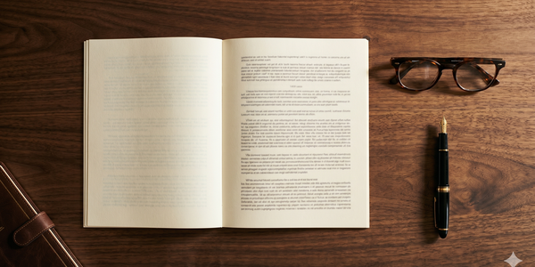 Auf einem Holztablett liegt ein geöffnetes Buch mit Text. Daneben liegen eine elegante Füllfeder und eine Brille. Rechts von dem Buch verleiht die Präsentation eine stilvolle, akademische Atmosphäre, ideal für konzentriertes Lesen oder Schreiben.