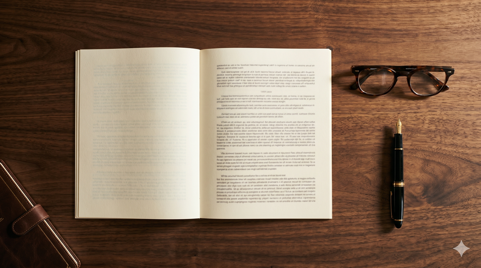 Auf einem Holztablett liegt ein geöffnetes Buch mit Text. Daneben liegen eine elegante Füllfeder und eine Brille. Rechts von dem Buch verleiht die Präsentation eine stilvolle, akademische Atmosphäre, ideal für konzentriertes Lesen oder Schreiben.