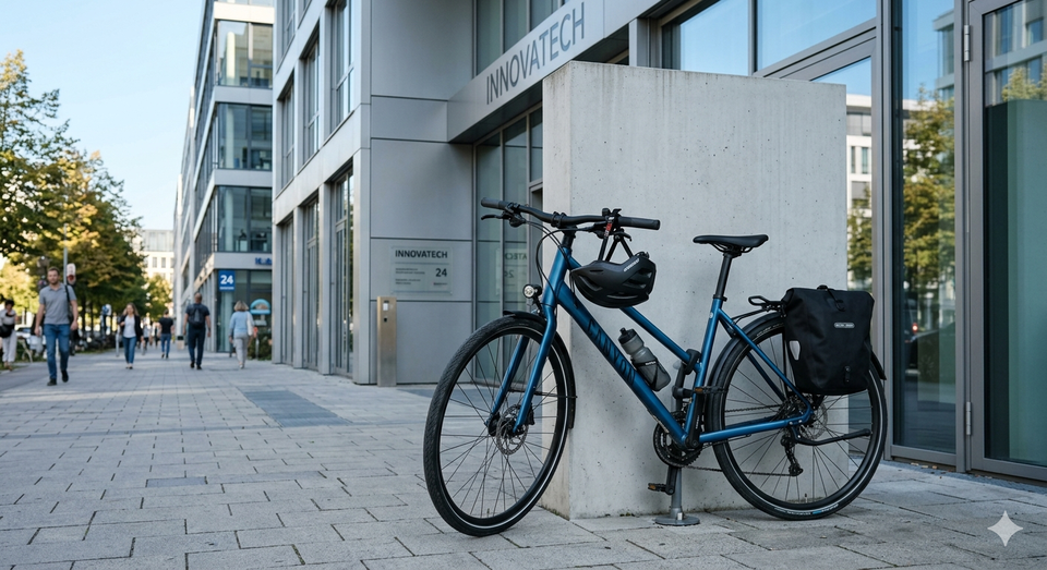 Ein modernes Fahrrad steht an einem Betonpfeiler vor dem Gebäude von Innovatech. Im Hintergrund sind Fußgänger auf dem Gehweg zu sehen, die das städtische Flair ausstrahlen. Die Architektur ist modern und hell, umgeben von Bäumen.