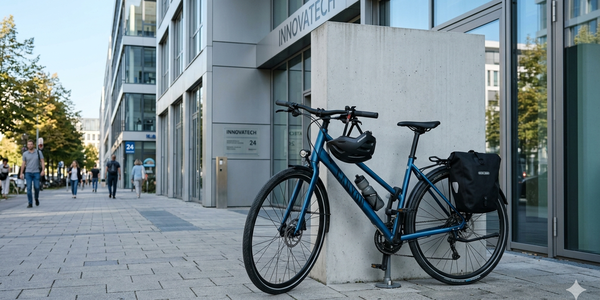 Ein modernes Fahrrad steht an einem Betonpfeiler vor dem Gebäude von Innovatech. Im Hintergrund sind Fußgänger auf dem Gehweg zu sehen, die das städtische Flair ausstrahlen. Die Architektur ist modern und hell, umgeben von Bäumen.