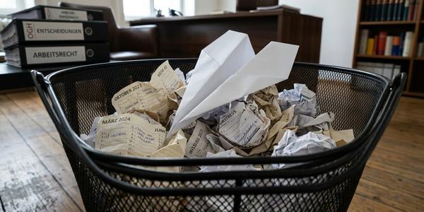 Ein Papierkorb gefüllt mit zerknüllten Dokumenten und einem Papierflieger. Im Hintergrund stehen Bücherregale und ein Schreibtisch. Das Bild vermittelt ein Gefühl von chaotischer Büroarbeit und kreativer Unordnung.