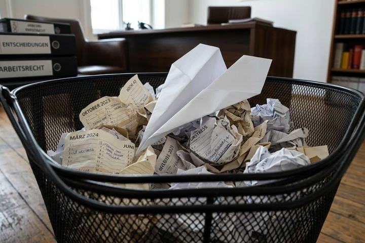Ein Papierkorb gefüllt mit zerknüllten Dokumenten und einem Papierflieger. Im Hintergrund stehen Bücherregale und ein Schreibtisch. Das Bild vermittelt ein Gefühl von chaotischer Büroarbeit und kreativer Unordnung.
