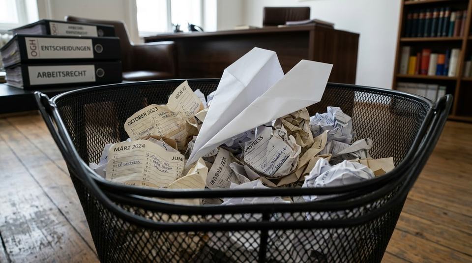 Ein Papierkorb gefüllt mit zerknüllten Dokumenten und einem Papierflieger. Im Hintergrund stehen Bücherregale und ein Schreibtisch. Das Bild vermittelt ein Gefühl von chaotischer Büroarbeit und kreativer Unordnung.