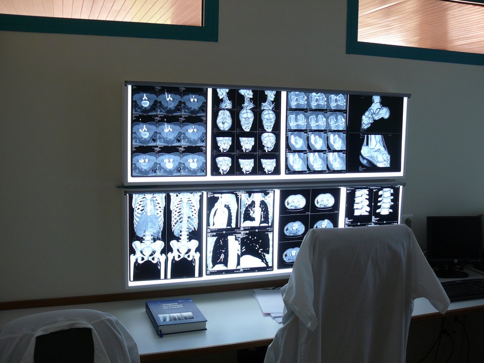 Das Bild zeigt eine Klinik oder ein Arztbüro mit einem Bildschirm, auf dem mehrere Röntgen- und CT-Bilder angezeigt werden. Im Vordergrund befindet sich ein weißer Arztkittel sowie ein Buch auf dem Tisch, während im Hintergrund ein Computer zu sehen ist.