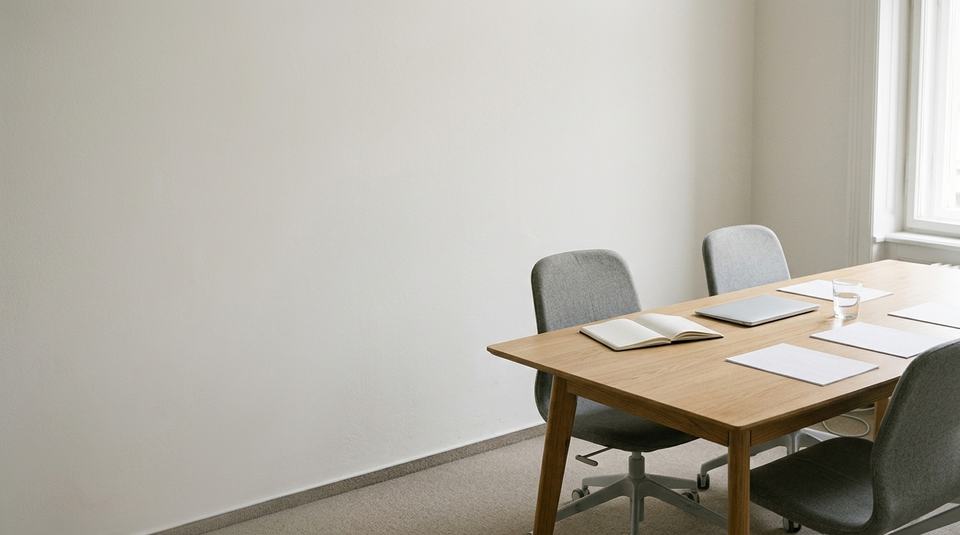 Ein heller Besprechungsraum mit einem Holz-Tisch und grauen Stühlen. Auf dem Tisch liegen ein Notizbuch, ein Laptop und einige Blätter. Die Wände sind schlicht und weiß, und ein Fenster lässt viel Tageslicht herein.