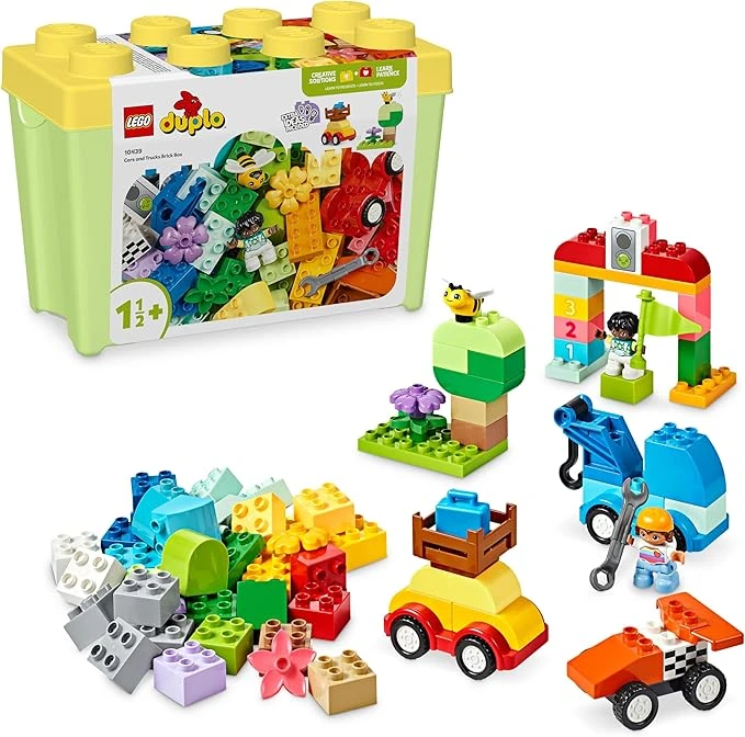 LEGO DUPLO Classic La Boîte de Briques Voitures et Camions - Jouet Éducatif Garçon ou Fille dès 1 an - Jouet d'Éveil pour Bébé - Briques 1-2-3, 2 Figurines & 3 Véhicules sur Roues - Idée Cadeau 10439