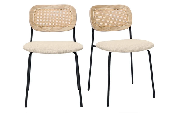 Chaises design en tissu effet velours texturé beige, métal noir et cannage rotin (lot de 2) MIRANDA - Miliboo
