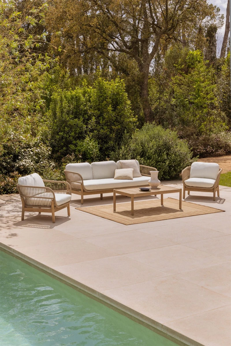 Ensemble de jardin avec canapé 3 places, 2 fauteuils et table basse en bois d'acacia et corde tressée Karvia