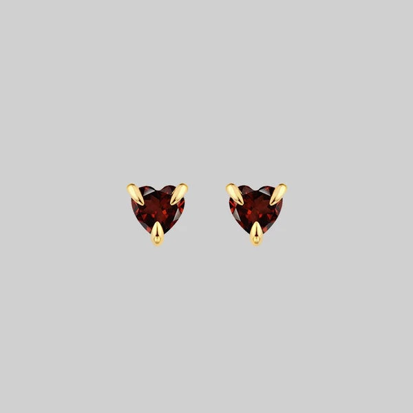 HEART & SOUL. Garnet Heart Stud Earrings - Gold