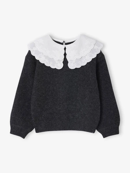Pull fille double col brodé maille mousseuse anthracite - Vertbaudet