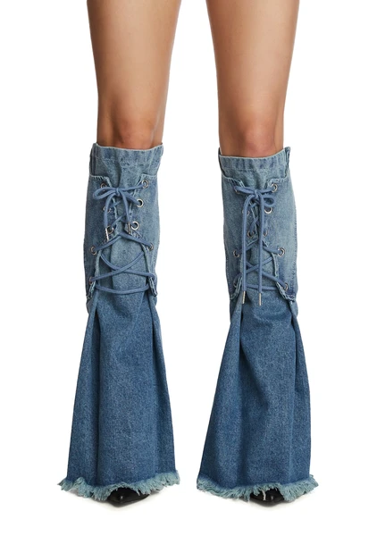 Denim Lace Up Leg Warmers - Blue