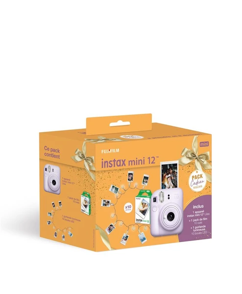 Pack Noël Appareil photo instantané Fujifilm instax mini 12™ 2025 Lilas + Pack film instax™ mini 10 vues + Guirlande lumineuse 10 boules LED
