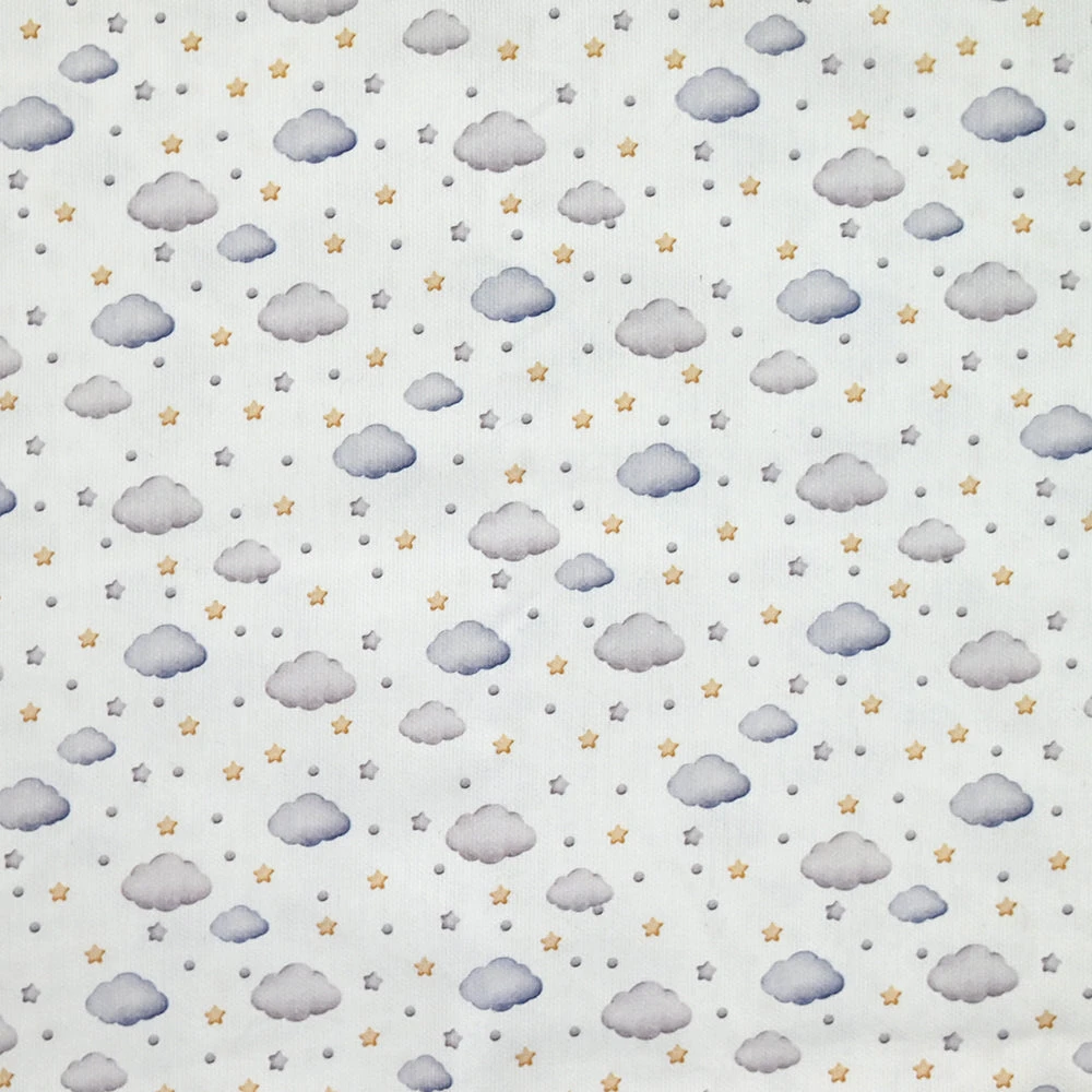 Piqué de coton imprimé nuage et étoile jaune, gris et bleu