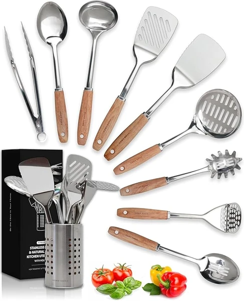 Home Hero Ensemble d'ustensiles de cuisine en acier inoxydable - Ustensiles et aides de cuisine en métal résistants à la chaleur et durables (10 pcs - Bois et Argent)