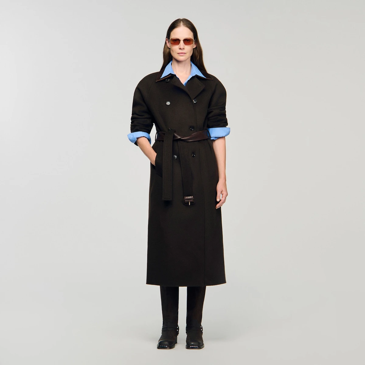 Manteau long en laine et cuir